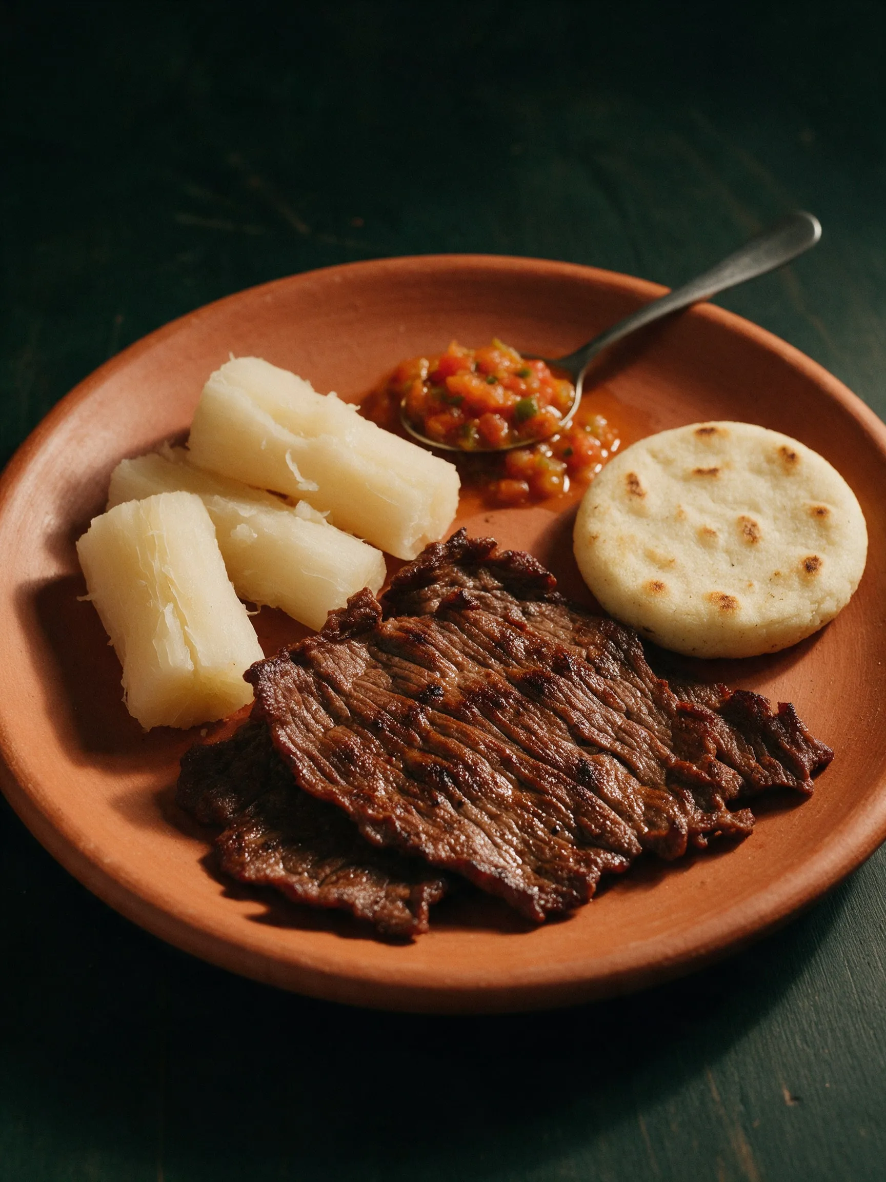 Carne oreada con yuca y arepa
