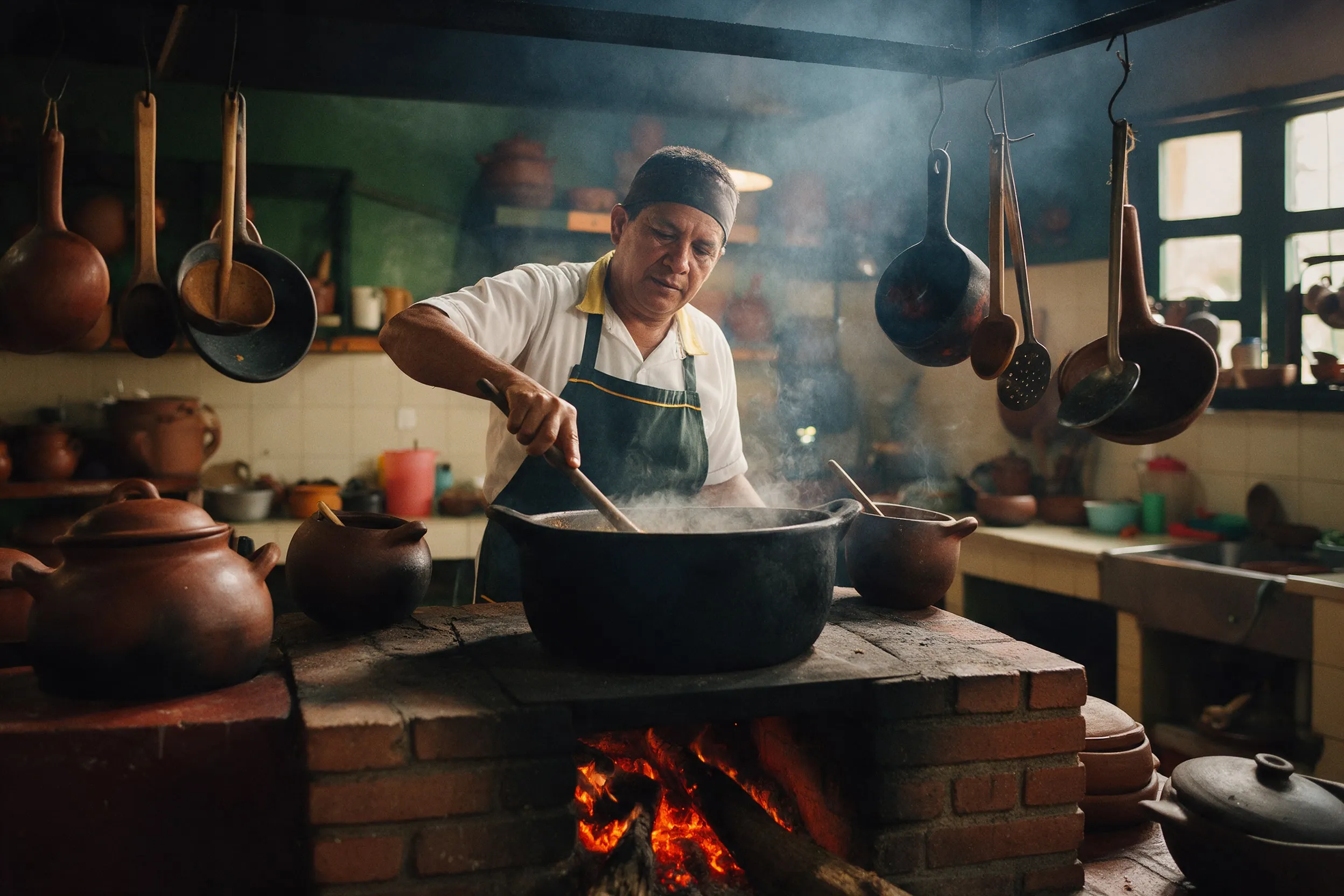 El cocinero revolviendo la olla sobre el fogón de leña, con las cazuelas colgadas