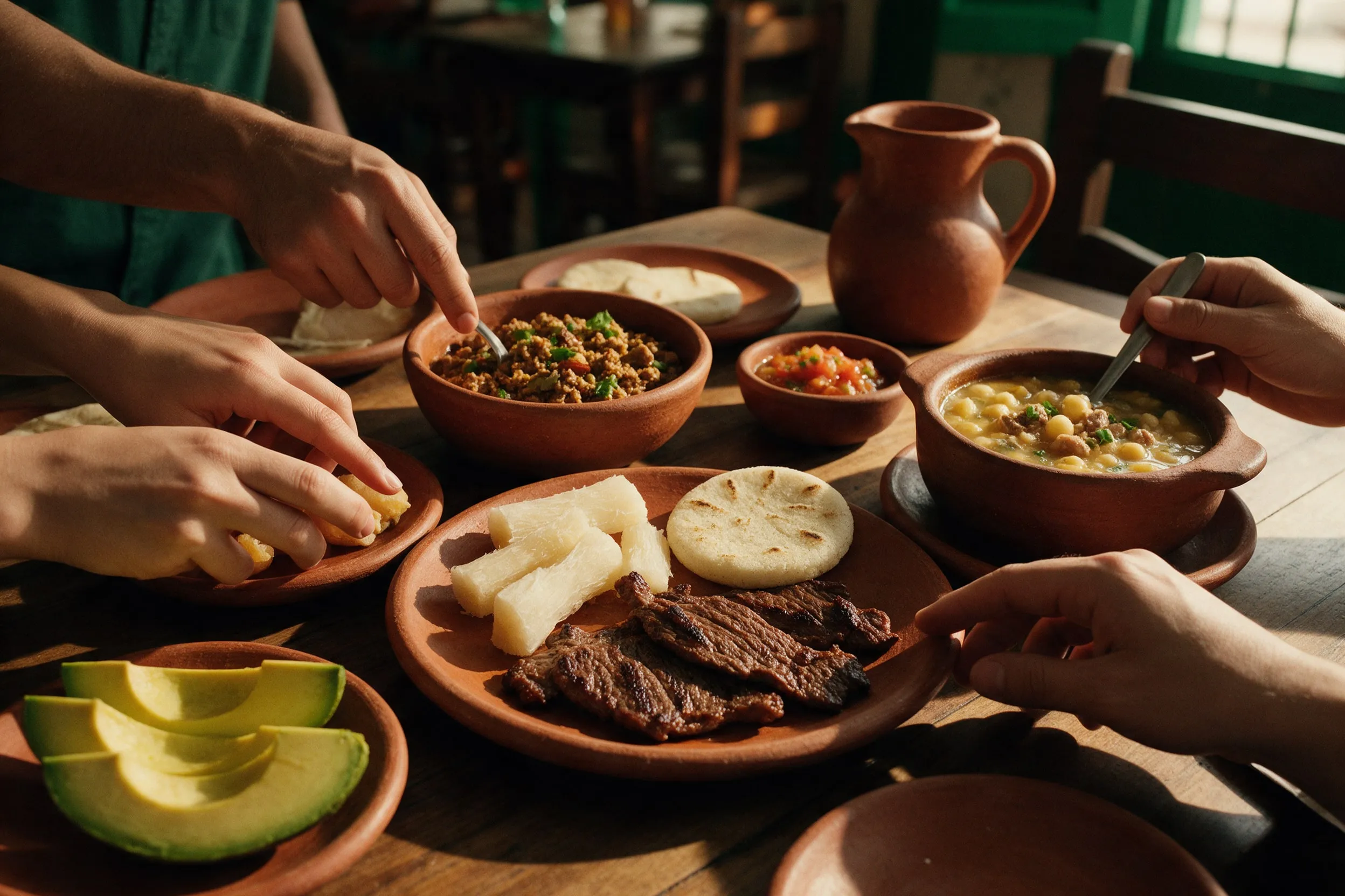 Mesa con carne oreada, mute, pepitoria, aguacate y arepas