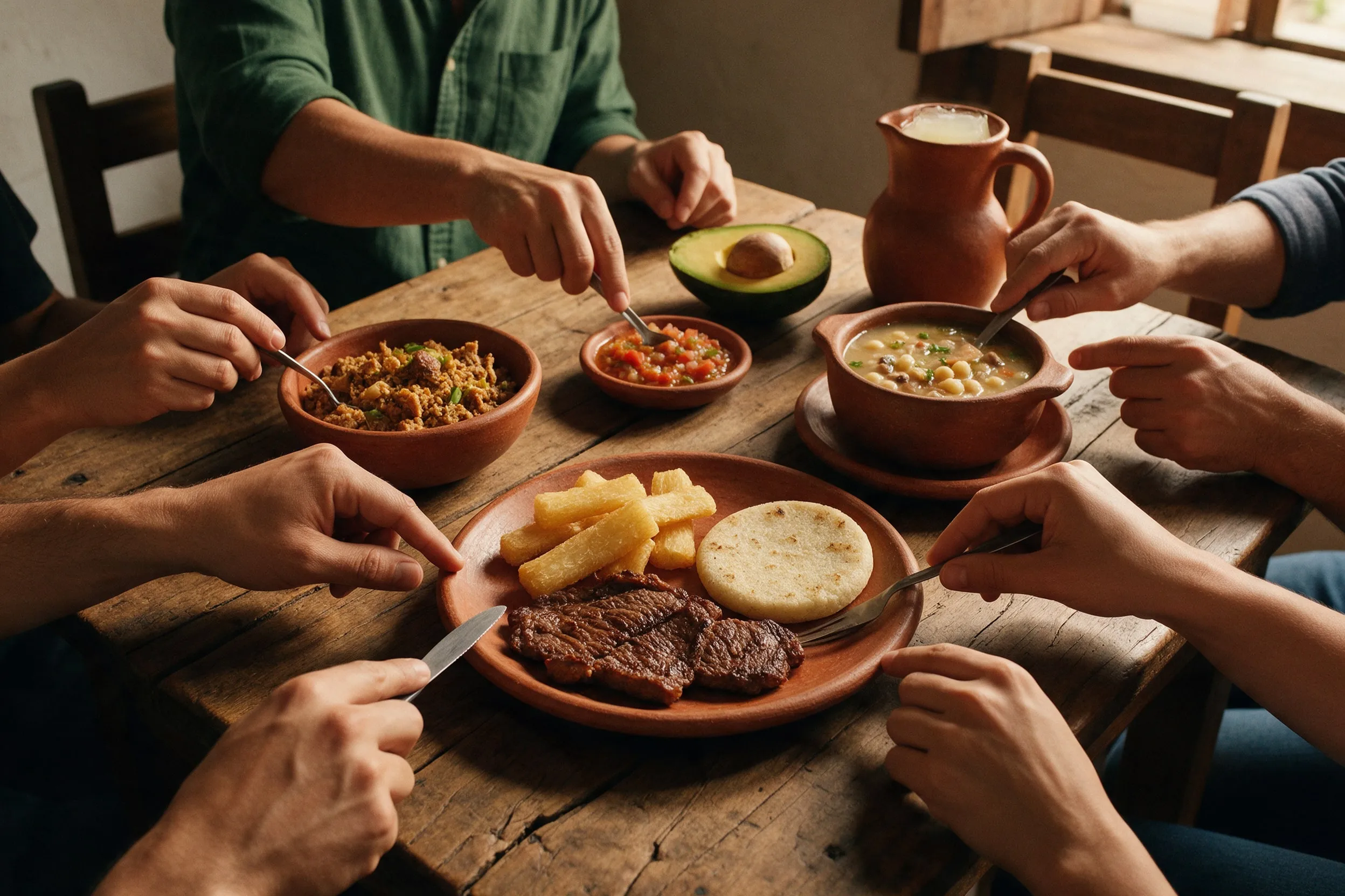 Manos sirviéndose carne oreada, yuca, arepa, mute y pepitoria en la mesa de madera