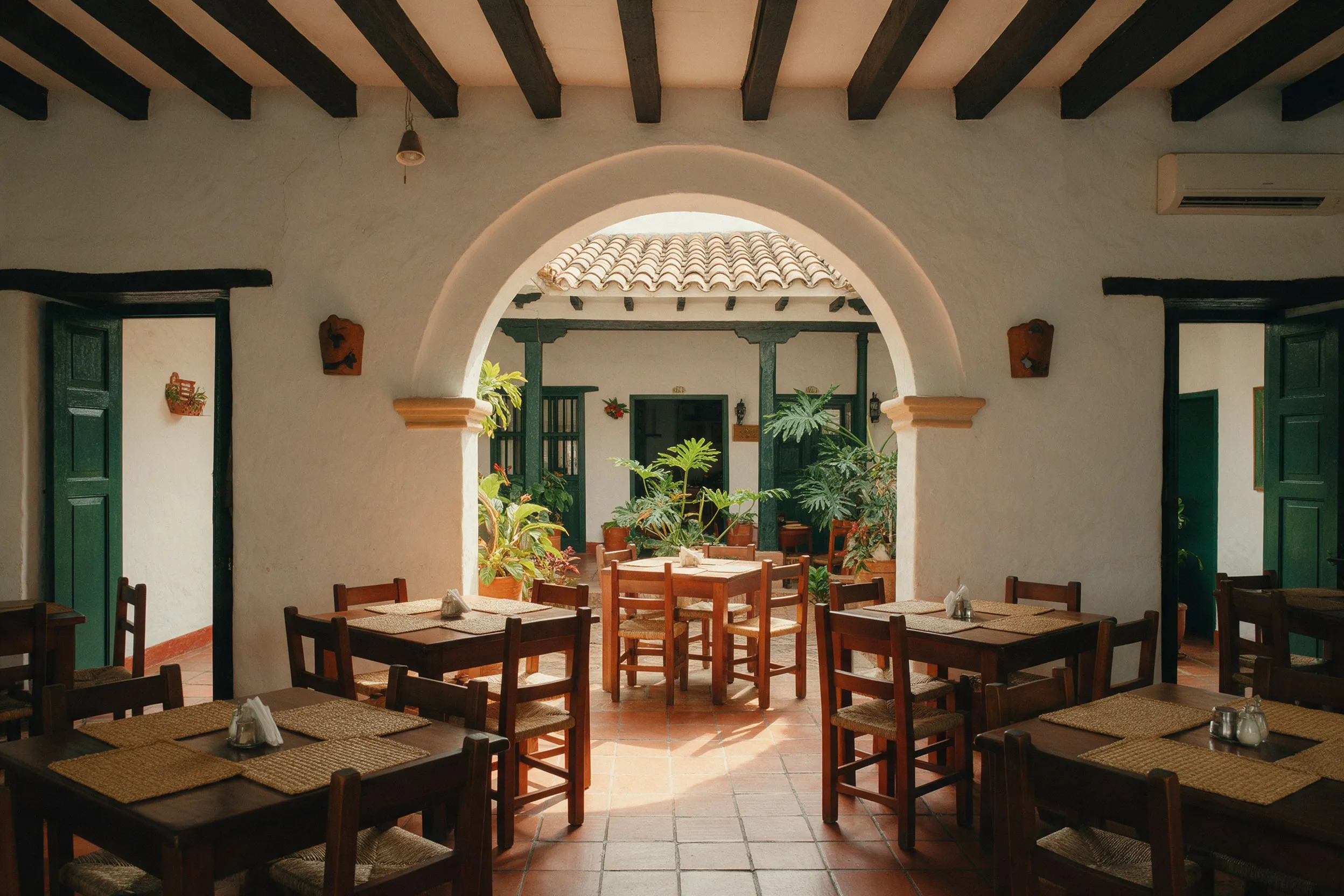 El salón de paredes blancas con vigas de madera, el arco y el patio con matas al fondo